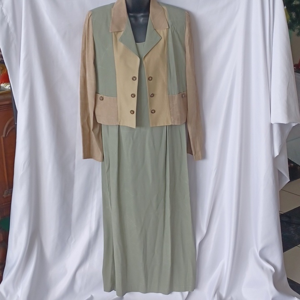 Vintage 80s Outlook 2 pc Dress w/jacket, earth tones, marbled, military, sz 10